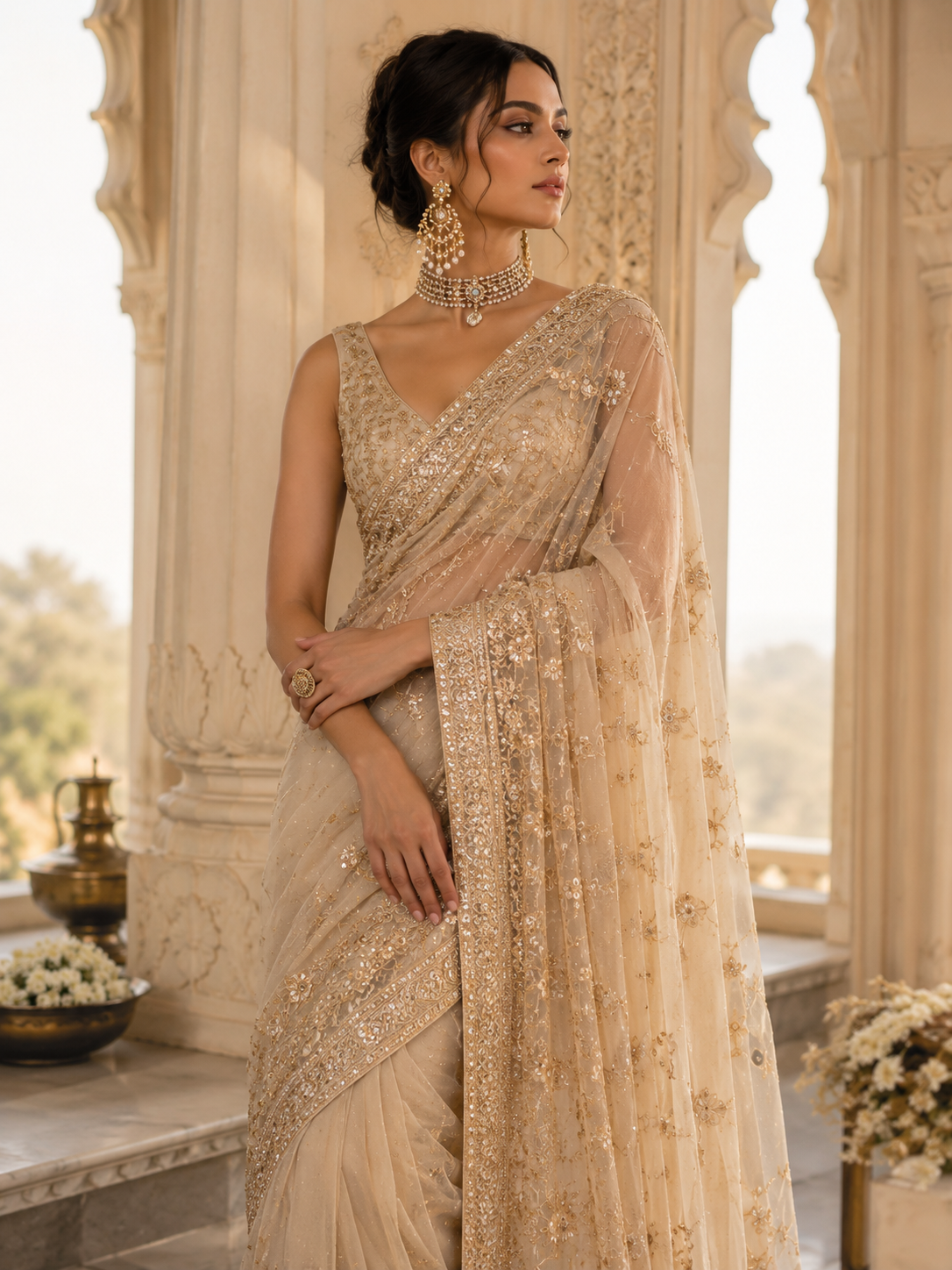 Luxury Indian couture model wearing an elegant festive outfit